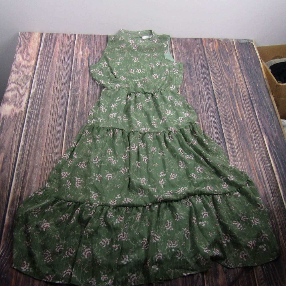Lush Maxi Dress Women Large Sage Green Floral Tiered Mock Neck Sleeveless